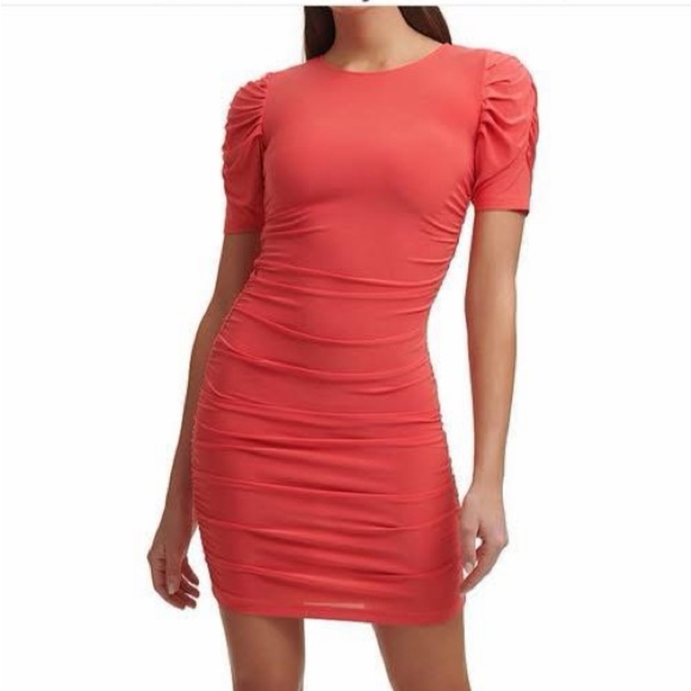 Red Ruched Sleeve Women's Dress